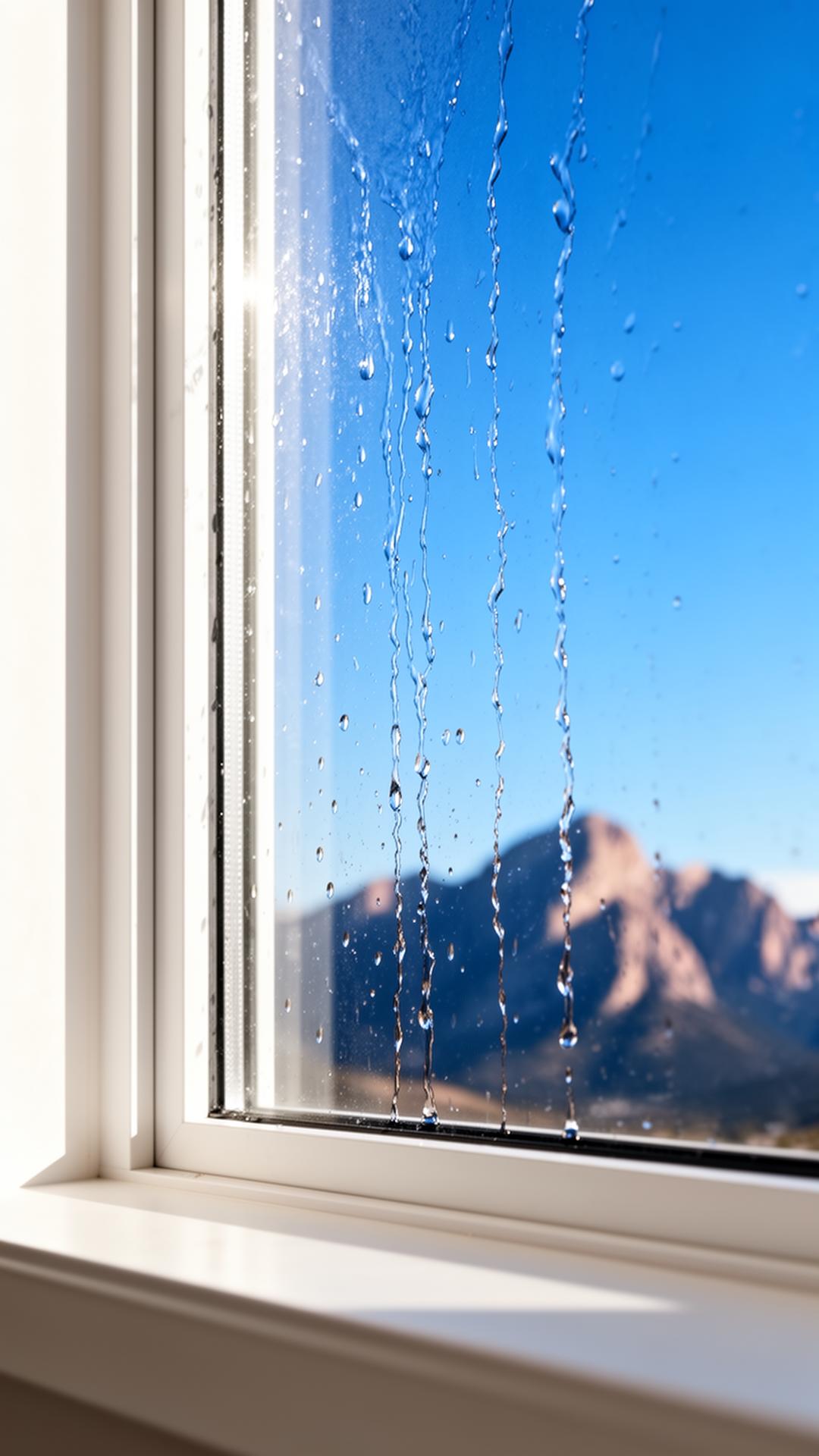 Pristine window reflecting the Colorado Rocky Mountains and bright blue sky
